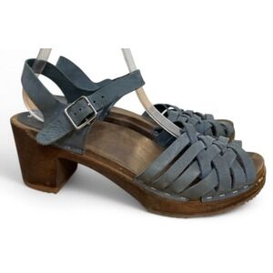 Sandgrens Sandals Clogs Womens 40 9 9.5 Blue Nubuck Leather Swedish Wood Comfort